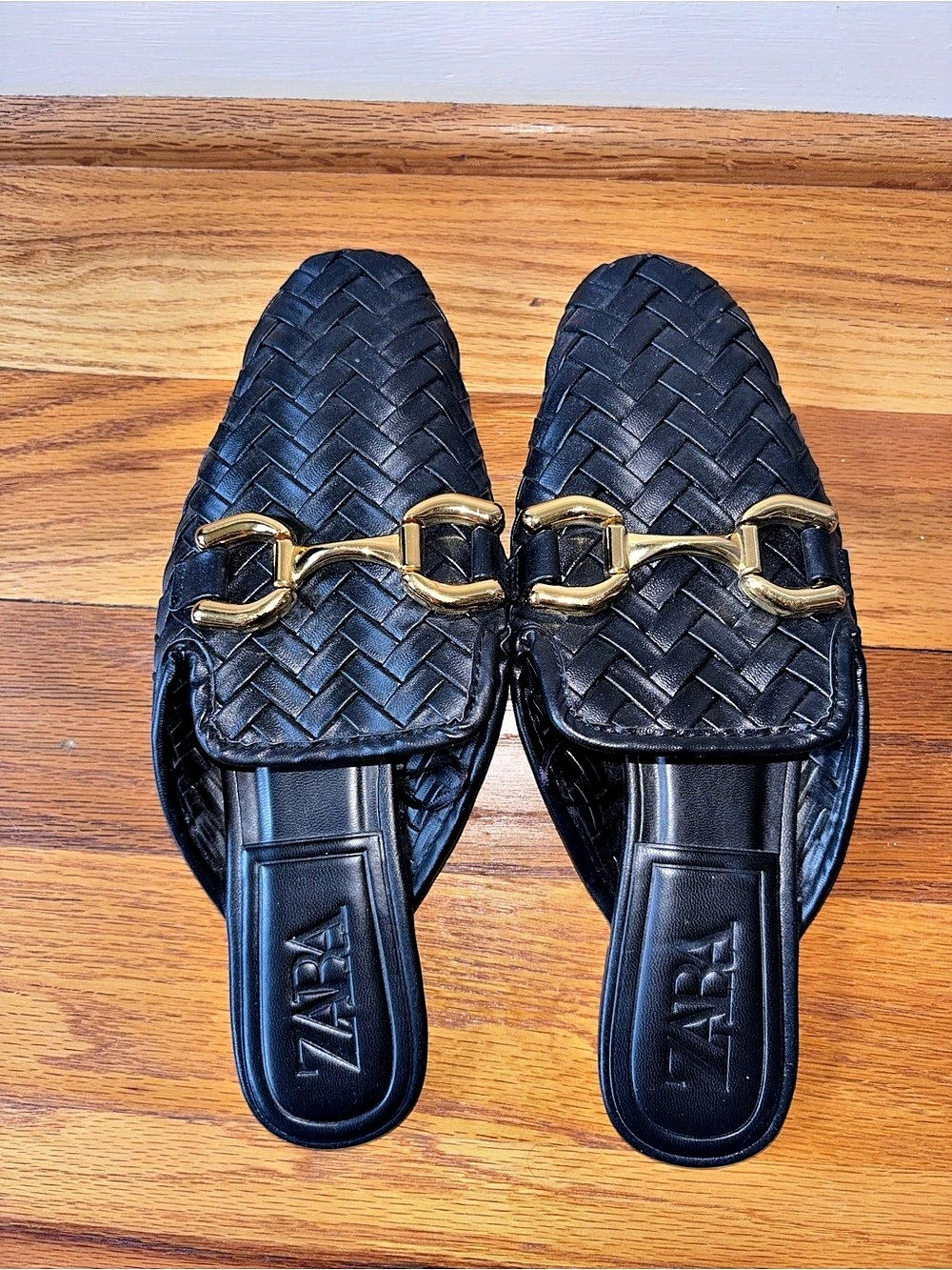 Zara Black Woven Horsebit Mules Gold Hardware EU 38